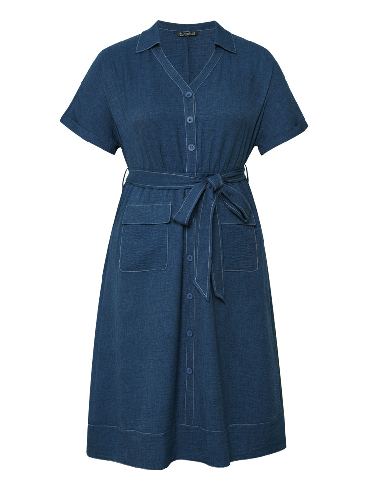 Plain Shirt Collar Flap Pocket Button Detail Belted Dress