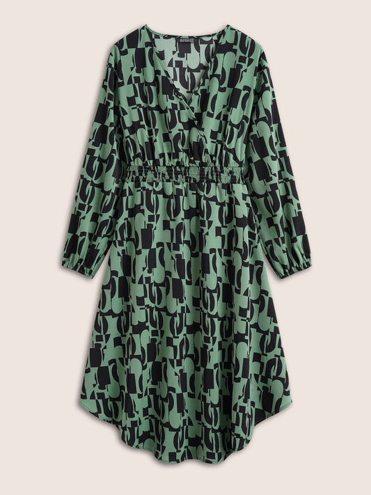 Geometric Shirred Elastic Waist Wrap Dress