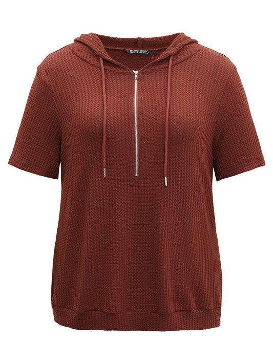 Waffle Knit Half Zip Hooded Drawstring T-shirt