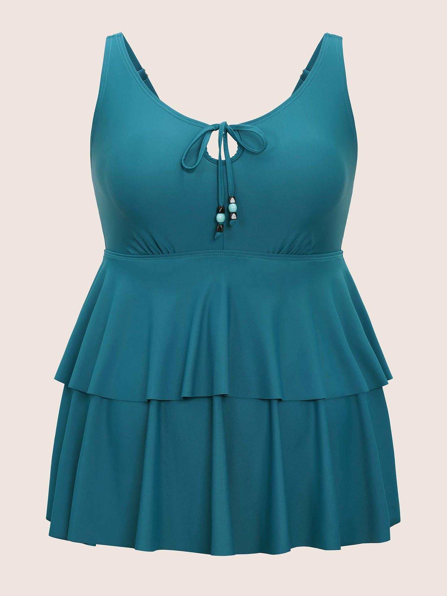 Plain Beaded Ties Layered Flutter Hem Swim Top