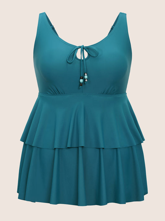 Plain Beaded Ties Layered Flutter Hem Swim Top