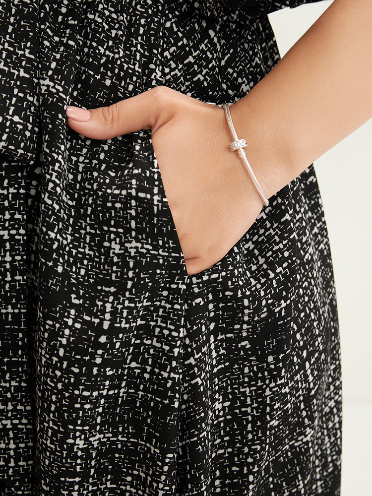 Geometric Print Belted Button Detail V Neck Ruffles Dress