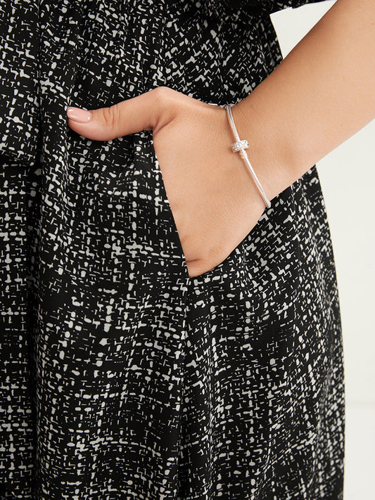 Geometric Print Belted Button Detail V Neck Ruffles Dress