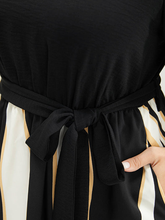 Striped Patchwork Ruffle Sleeve Pocket Belted Keyhole Dress