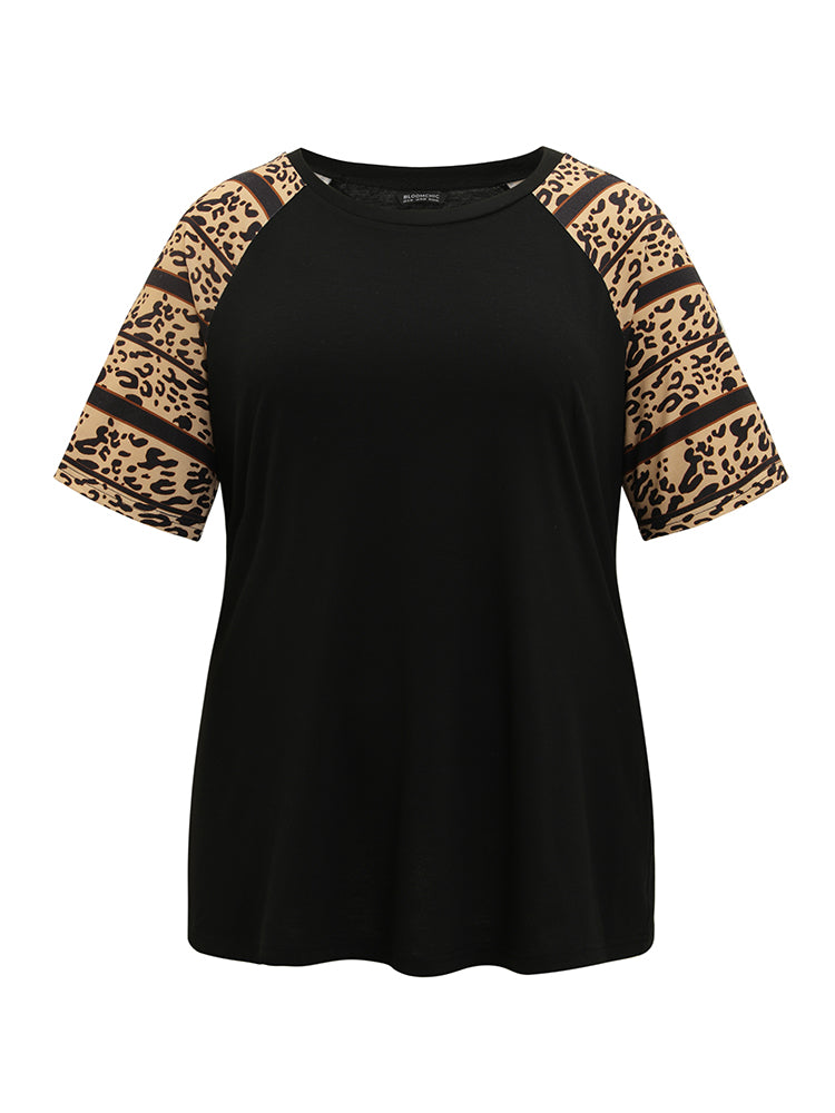 Leopard Print Contrast Raglan Sleeve T-shirt