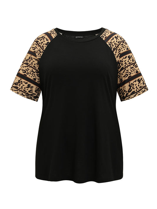 Leopard Print Contrast Raglan Sleeve T-shirt