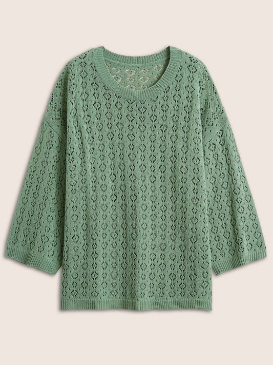 Solid Pointelle Knit Bell Sleeve Pullover