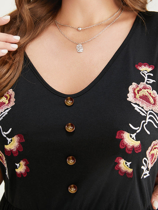 Floral Embroidered Button Detail Babydoll Ruffles Tank Top