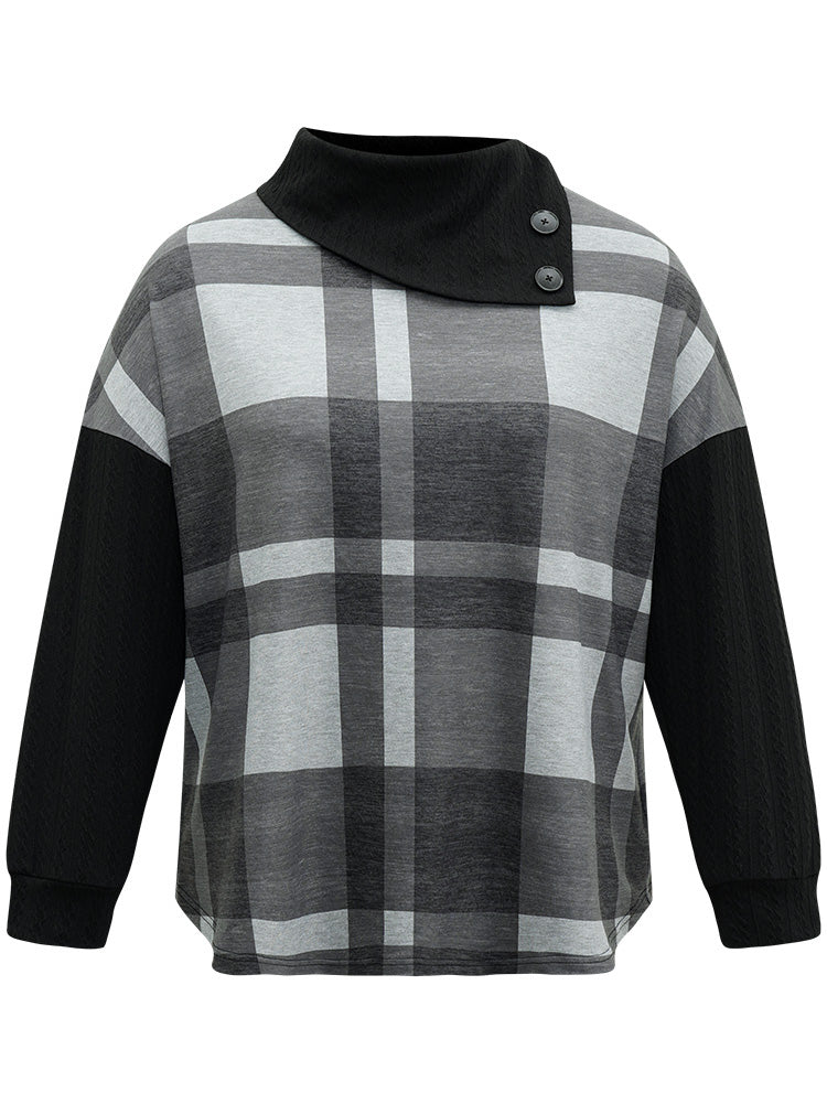 Plaid Patchwork Mock Neck Button Detail Sweatshirt