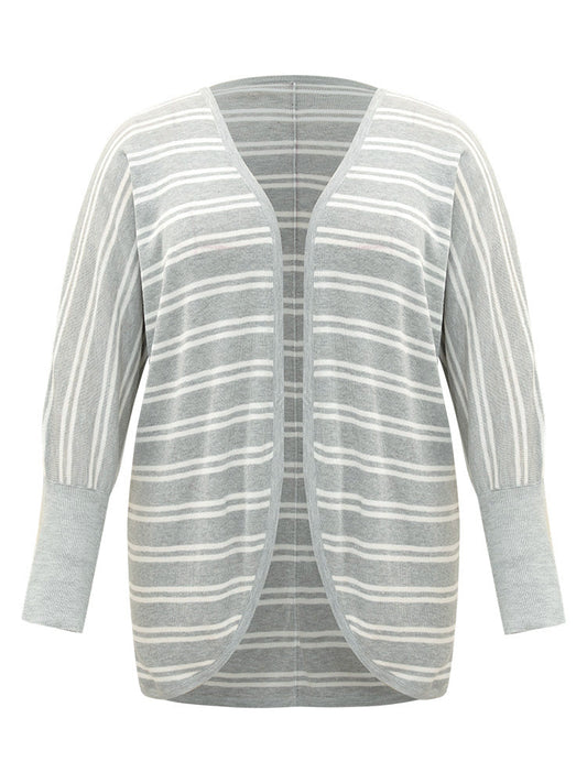 Striped Elastic Cuffs Arc Hem Cardigan