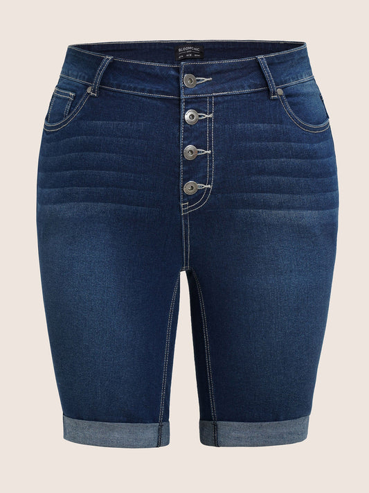 Button Fly Roll Hem Skinny Denim Shorts