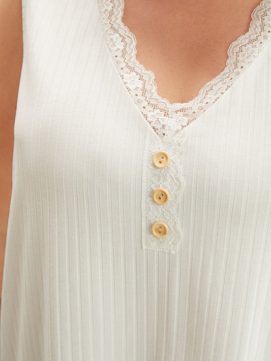 Solid Lace Trim Button Detail Rib Knit Tank Top