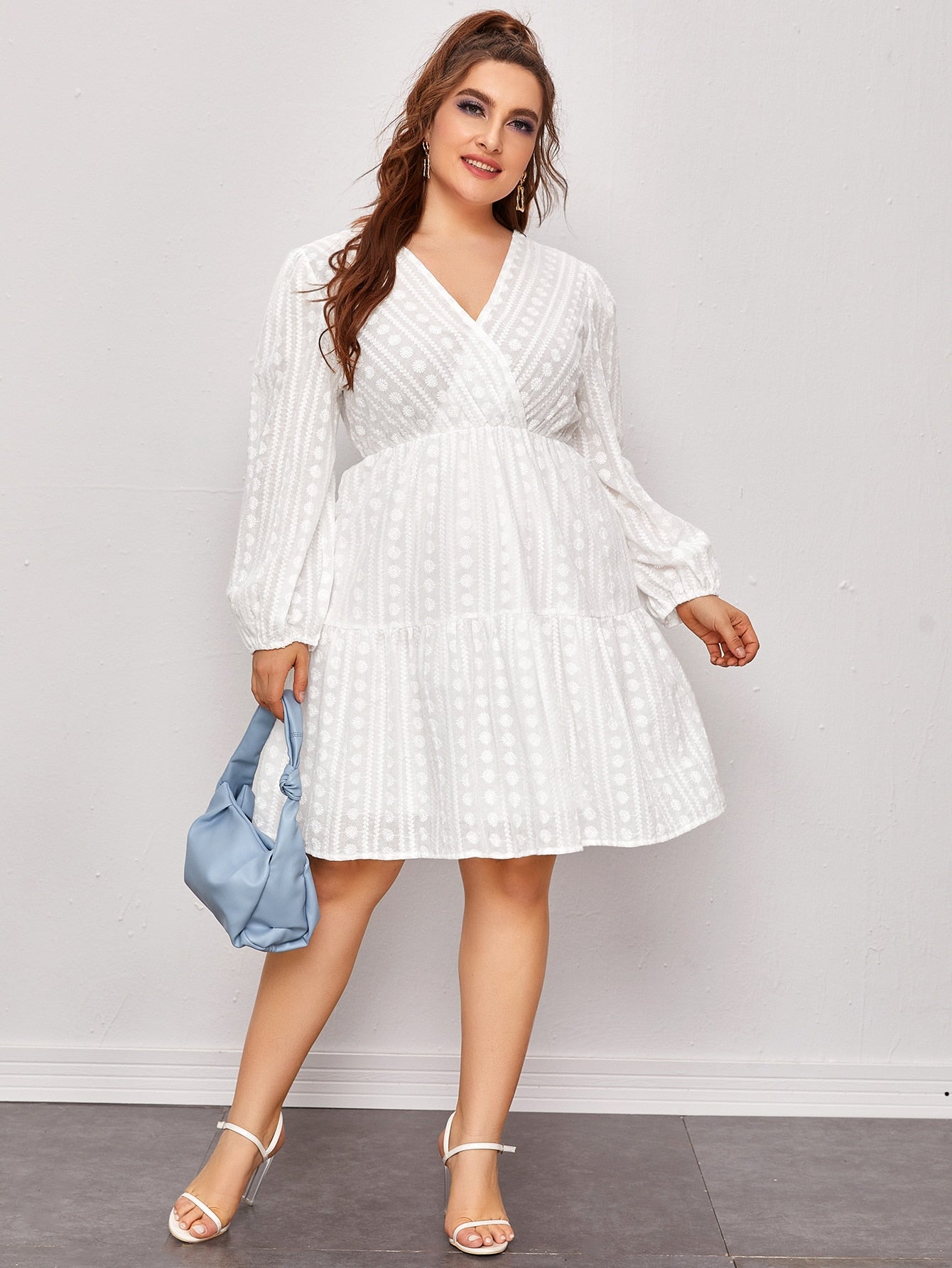 Embroidery Wrap Ruffle Hem Dress