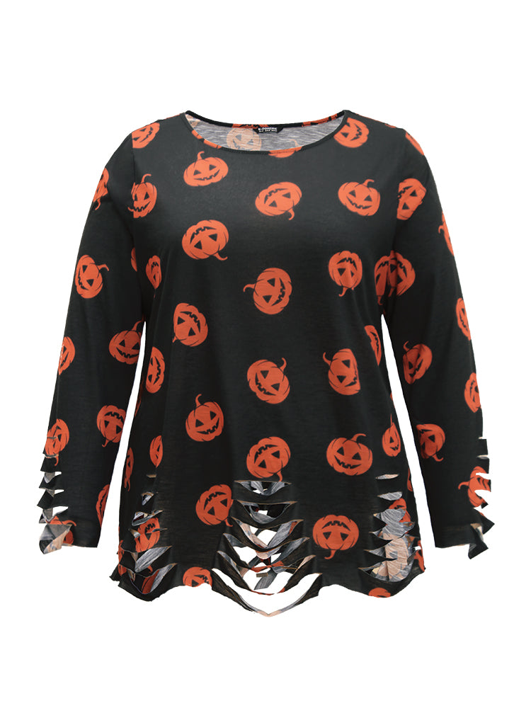 Halloween Pumpkin Print Distressed T-shirt