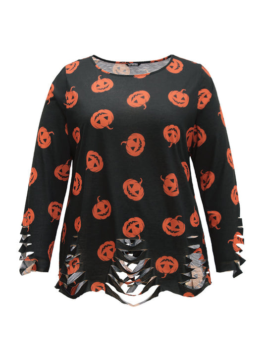 Halloween Pumpkin Print Distressed T-shirt