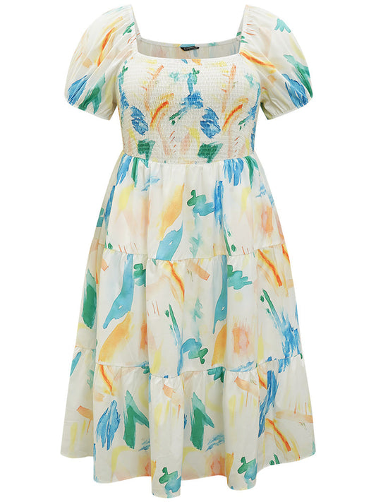 Colour Geometric Print Square Neck Shirred Puff Sleeve Dress