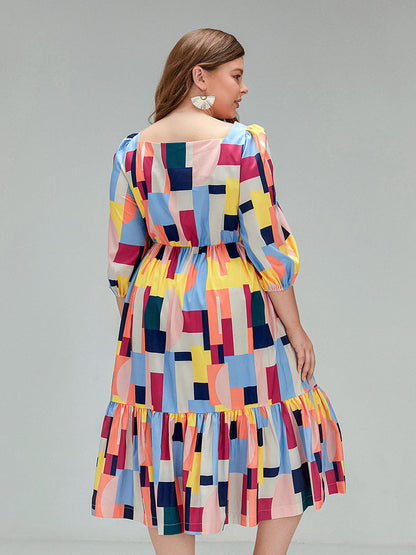 Geo Print Square Collar Dress