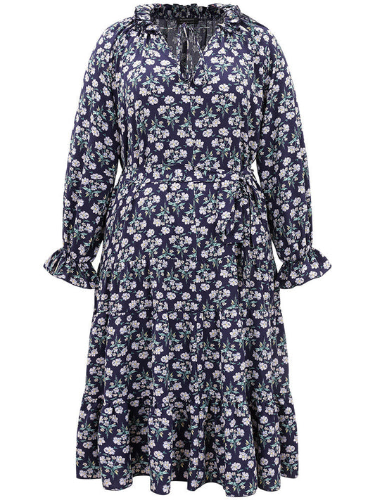 Ditsy Floral Pocket Tie Neck Frill Trim Dress