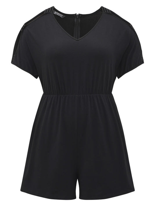 Plain Pocket Elastic Waist Cut Out V Neck Romper