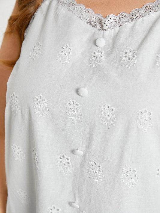 Plain Lace Trim Broderie Anglaise Button Detail Cami Top