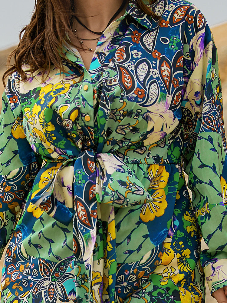 Floral Self Tie Button Shirt Dress