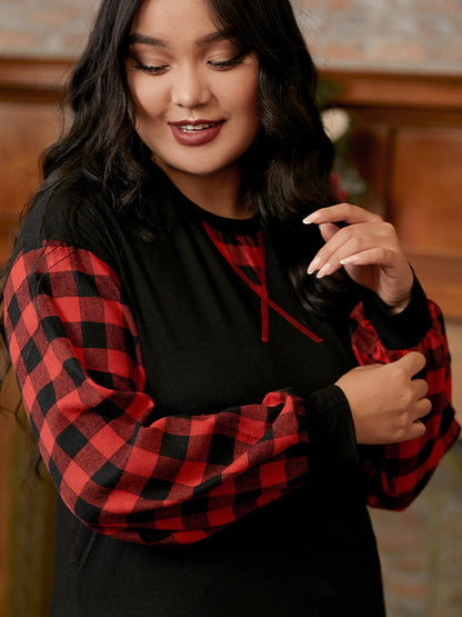 Plaid Sleeve Casual T-shirt