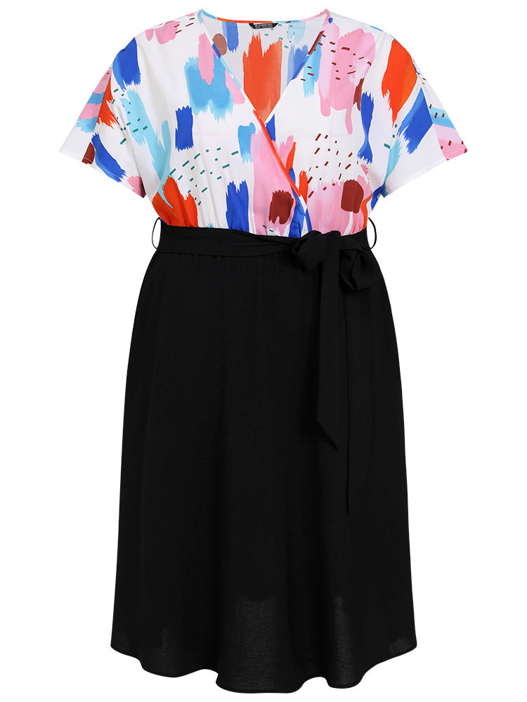 Brush Print Surplice Neck Belted Patchwork Flutter Dress