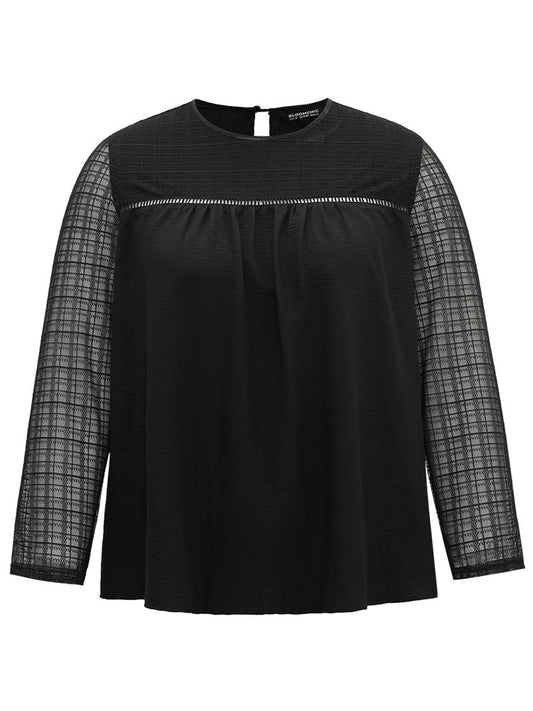 Solid Keyhole Mesh Plicated Detail Blouse