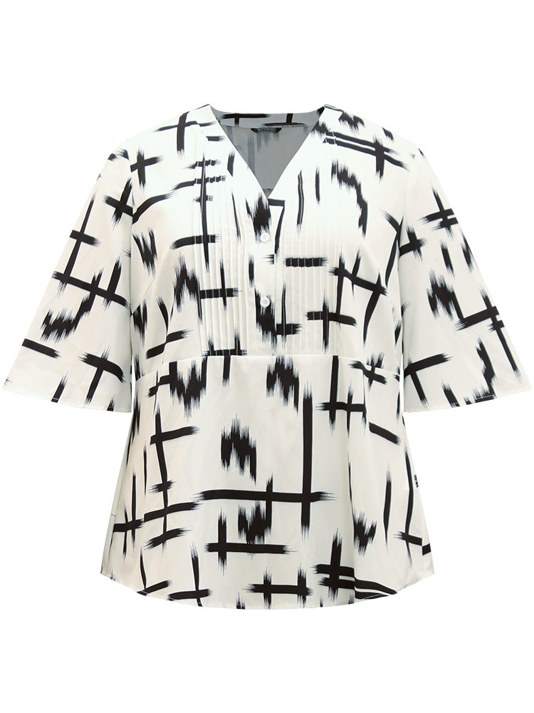Brush Print V Neck Pleated Ruffles Button Up Blouse