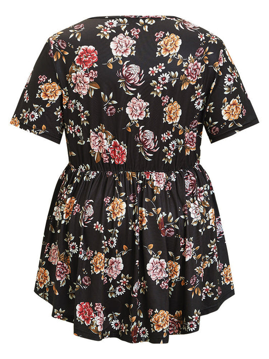 Floral Print Ruched Babydoll Cut Out Ruffle Hem T-shirt