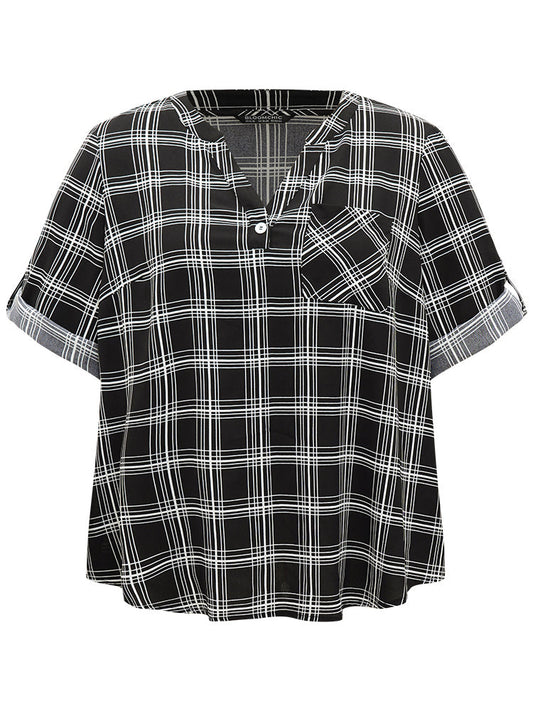 Plaid V Neck Button Up Tab Sleeve Woven Top
