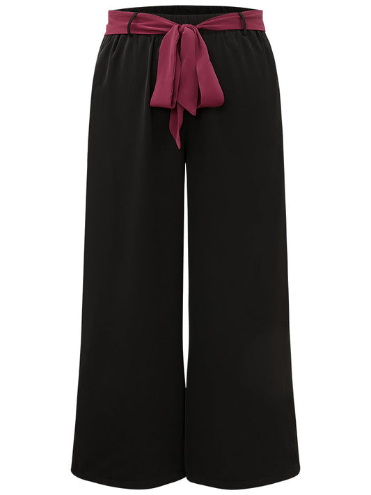 Anti-Wrinkle Two Tone Belted Loose Woven Pants