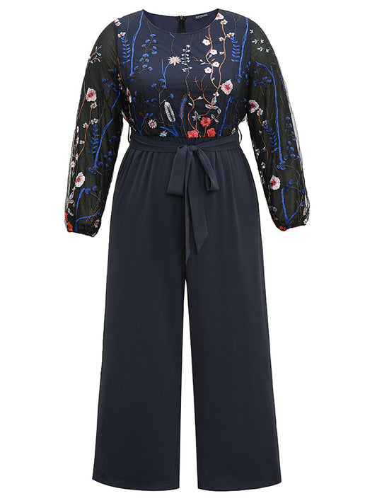 Halloween Floral Embroidered Belted Lantern Sleeve Jumpsuit