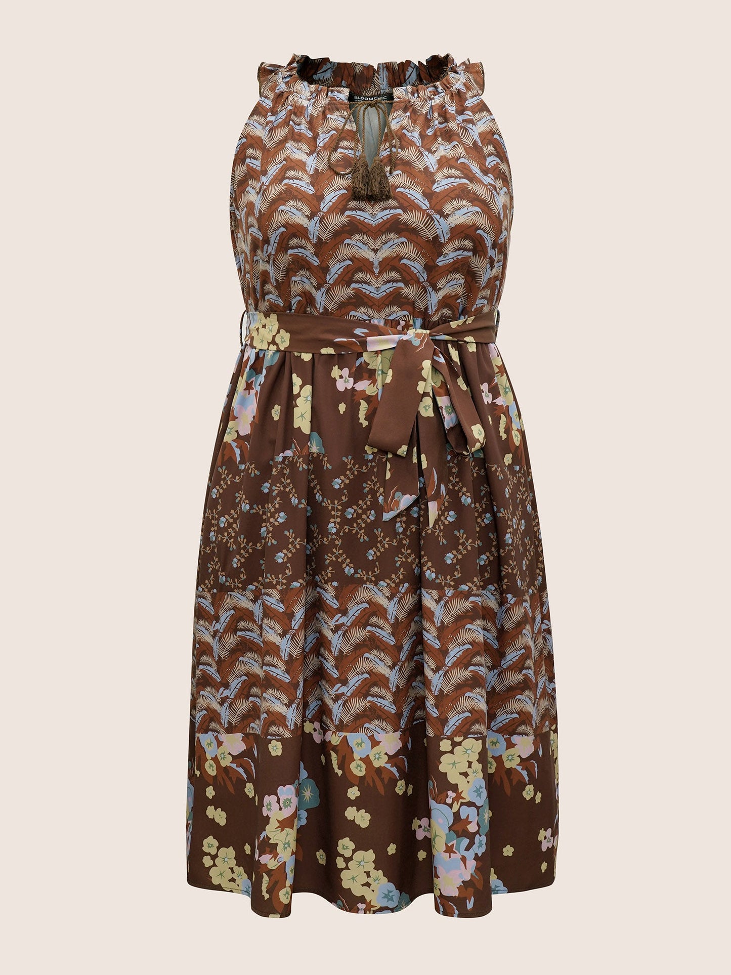 Bandana Tie Neck Belted Tassel Trim Dress