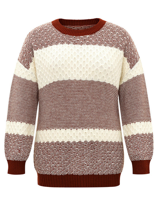 Colorblock Contrast Round Neck Elastic Cuffs Pullover