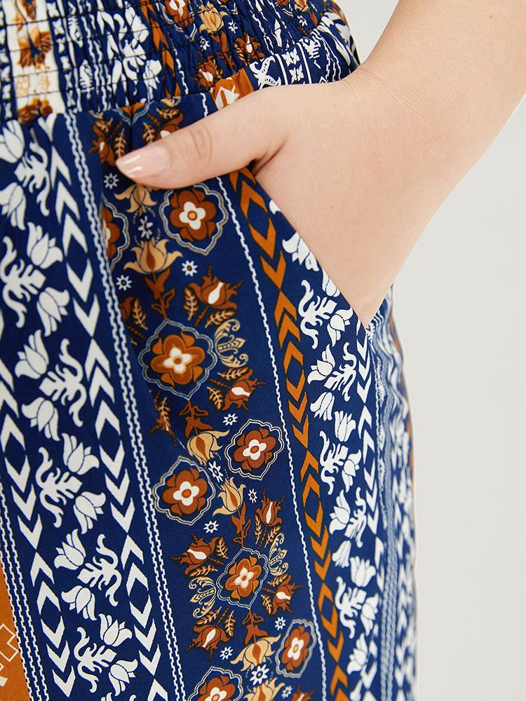 Boho Print Shirred Pocket Elastic Waist Pants