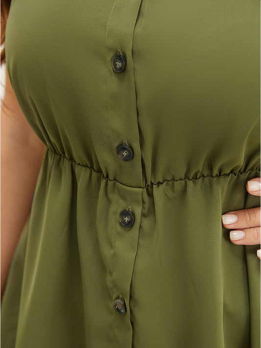 Solid Button Detail Ruffle High Low Hem Tank Top