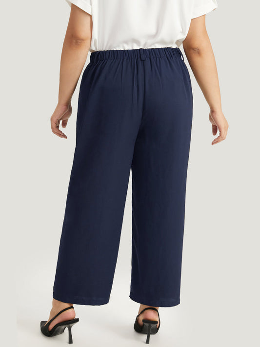 Plain Pocket Elastic Waist High Rise Pants