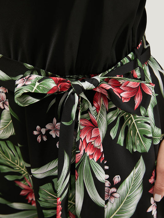 Tropical Patchwork Cowl Neck Pocket Belted Cami Jumpsuit