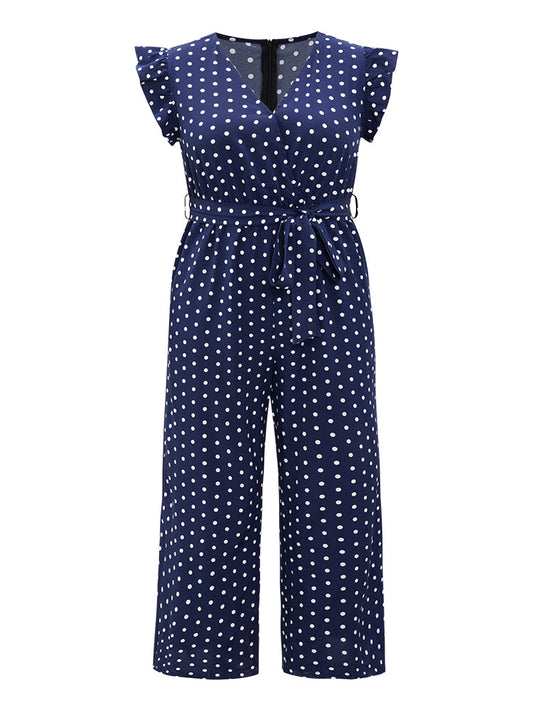 Polka Dot Belted Ruffle Cap Sleeve Pocket Wrap Jumpsuit