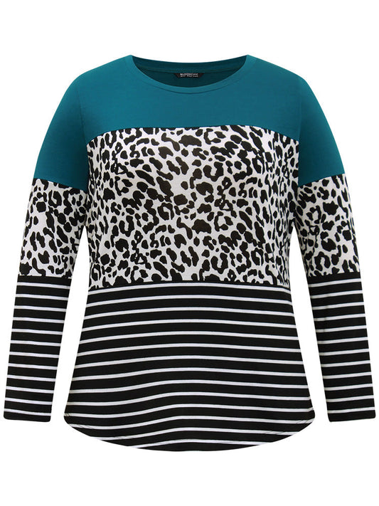 Striped Leopard Patchwork Contrast Round Neck T-shirt