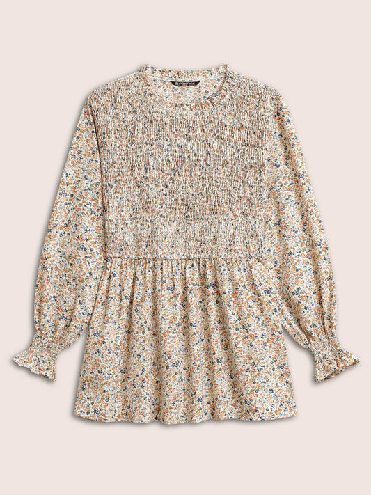 Ditsy Floral Shirred Elastic Waist Puff Sleeve Blouse
