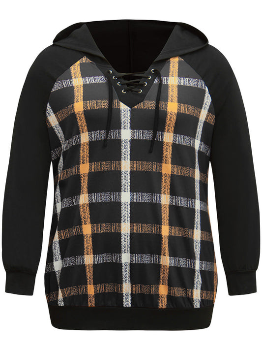 Plaid Contrast Raglan Sleeve Lace Up Hooded Sweatshirt