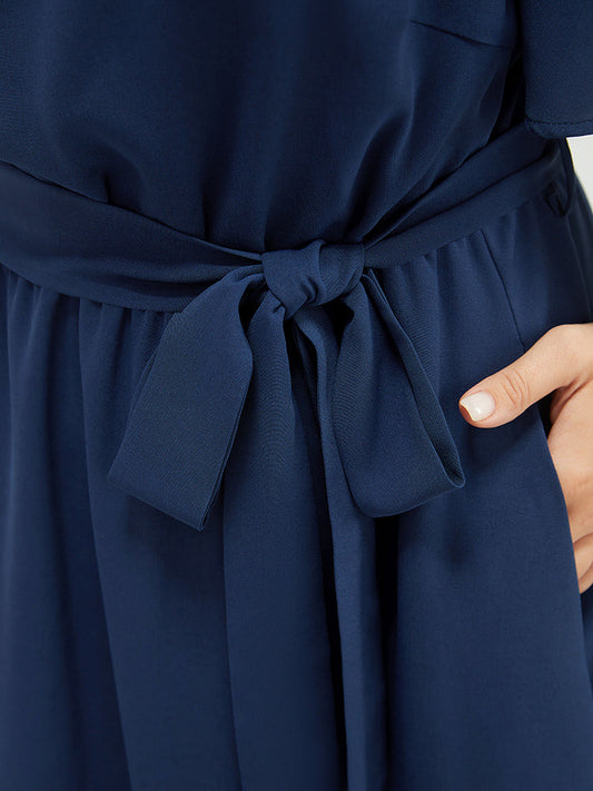 Solid Asymmetrical Neck Button Detail Pocket Belted Ruffles Dress