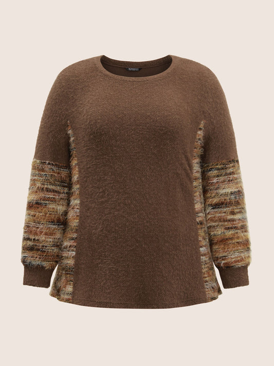 Round Neck Patchwork Heather Fluffy Sweatshirt