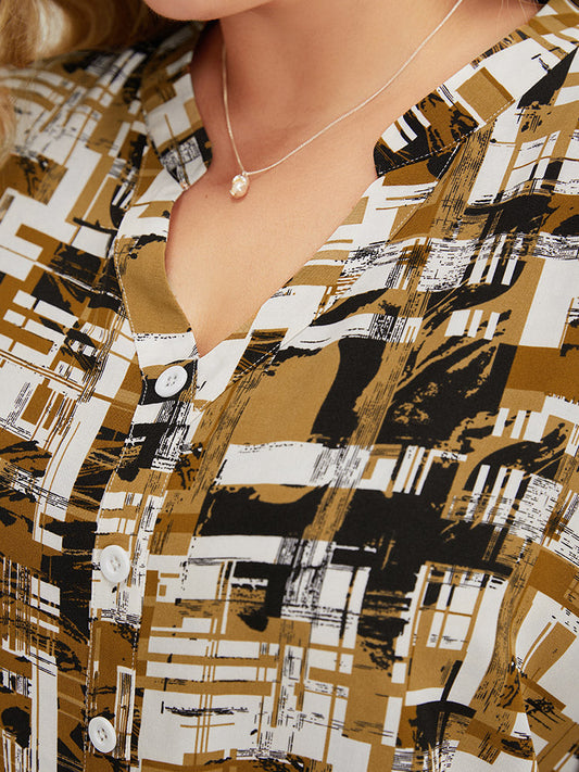 Graphic Print Notched Button Detail Cuffed Sleeve Blouse