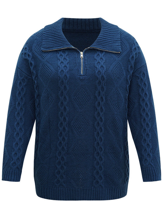 Zipper Lapel Collar Cable Knit Pullover