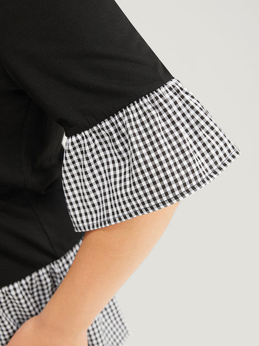 Gingham Patchwork Round Neck Ruffle T-shirt