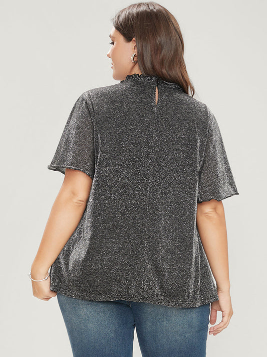 Glitter Frill Trim Ruffles Gathered Round Neck Blouse