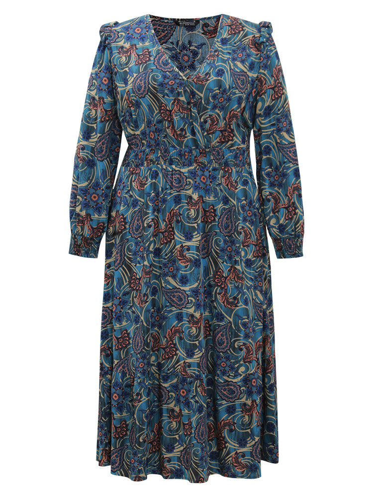 Bandana Print Shirred Pocket Frill Trim Dress